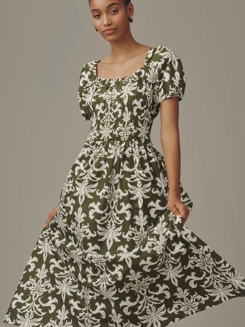 Maeve by Anthropologie Square-Neck Maxi Dress in Olive and White 100% cotton xs